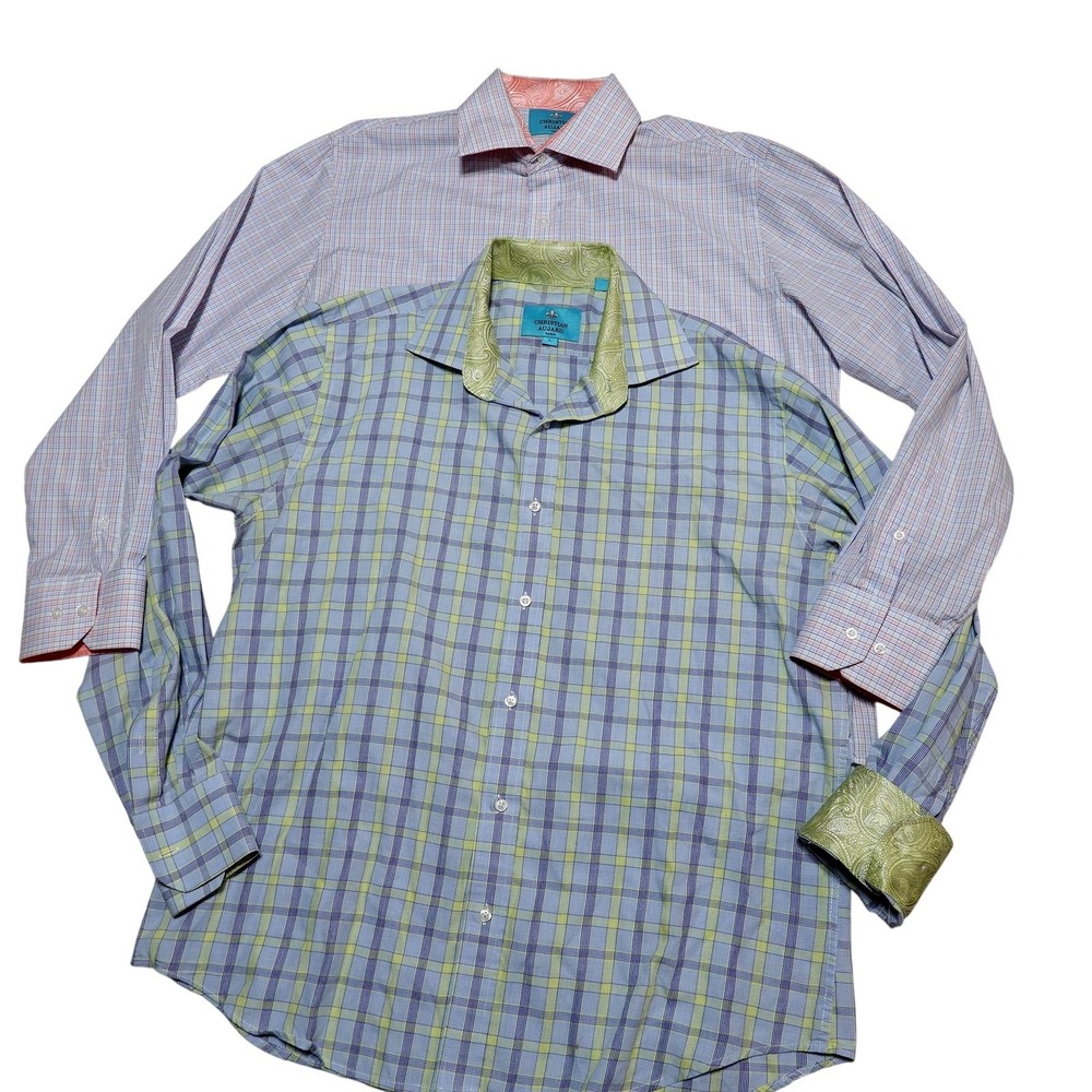 Christian Aujard Shirt Mens Large Multicolor Check Contrast Trim Dress Lot 2